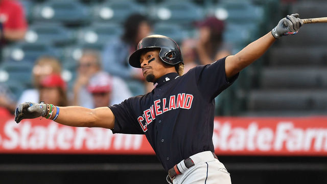 ANAHEIM, CA - SEPTEMBER 11: Cleveland Indians shortstop Francisco Lindor (12) hits a two run home run in the second inning of a game against the Los Angeles Angels played on September 11, 2019 at Angel Stadium of Anaheim in Anaheim, CA.