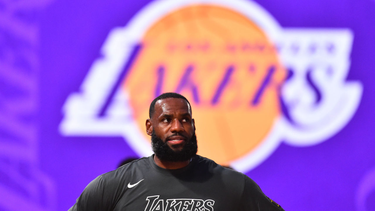 ORLANDO, FL - JULY 23: LeBron James #23 of the Los Angeles Lakers looks on before the game on July 23, 2020 at the Visa Athletic Center at ESPN Wide World of Sports Complex in Orlando, Florida. Mandatory Copyright Notice: Copyright 2020 NBAE