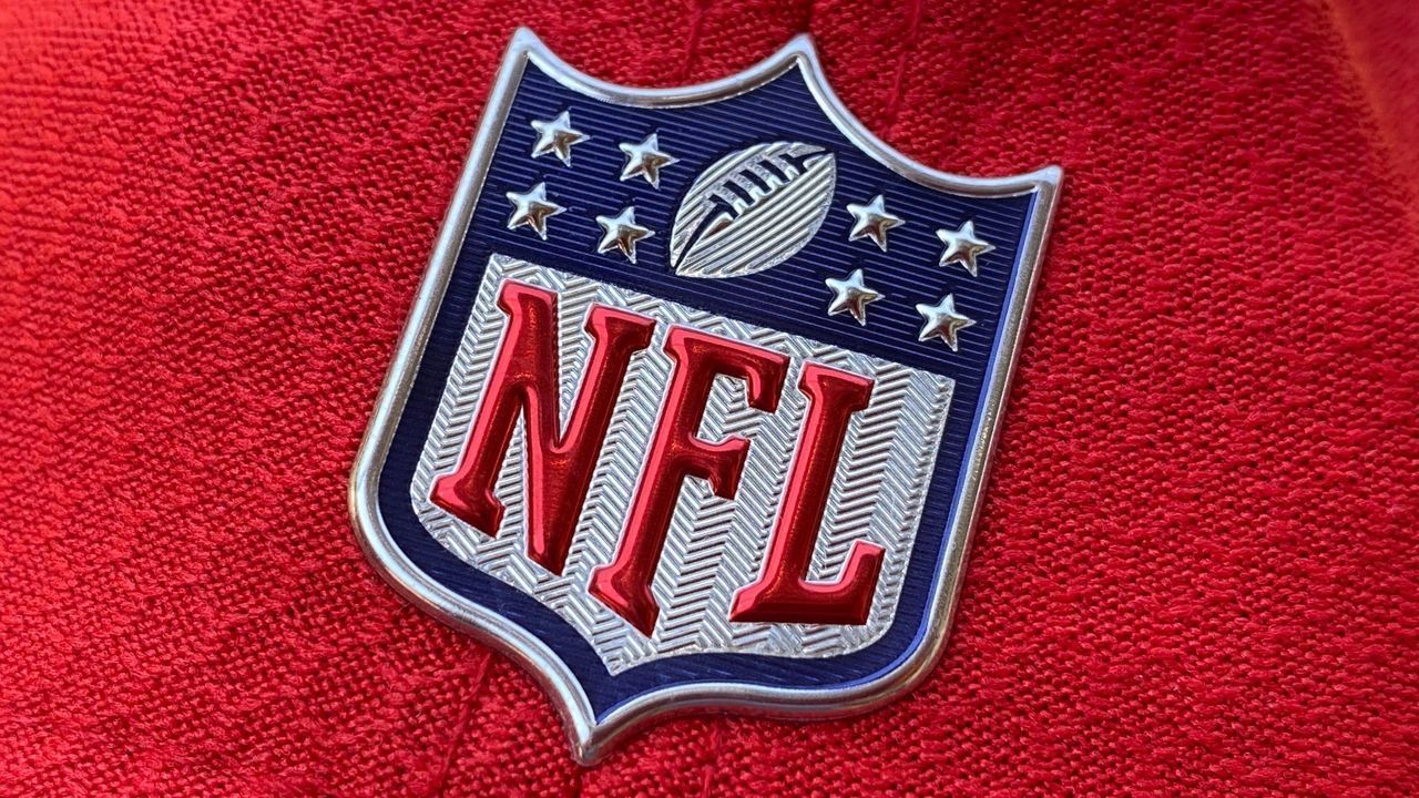 The official NFL logo is seen on the back of a hat in Los Angeles on July 21, 2020.