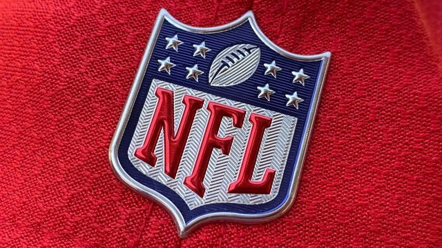 The official NFL logo is seen on the back of a hat in Los Angeles on July 21, 2020.