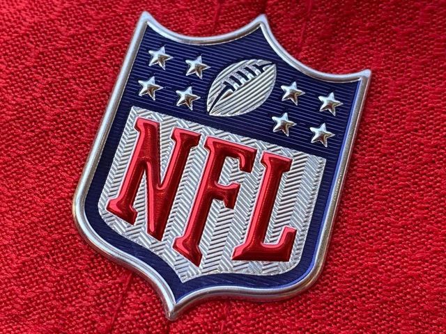 The official NFL logo is seen on the back of a hat in Los Angeles on July 21, 2020.