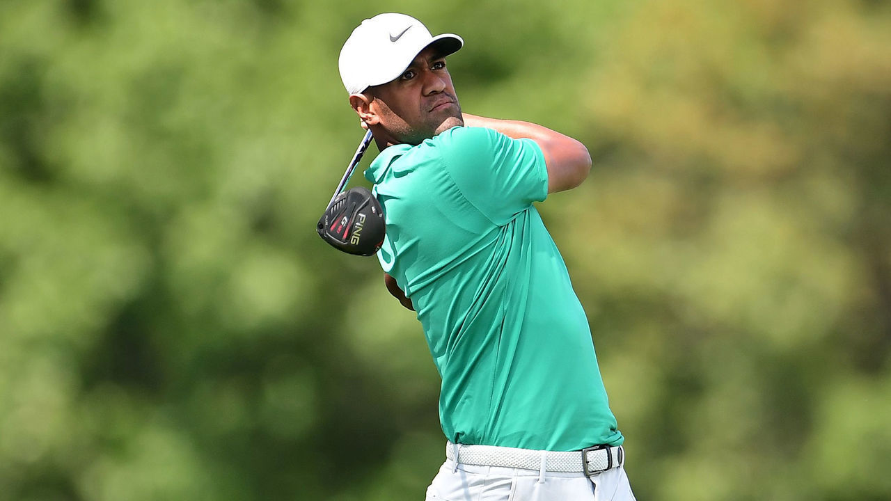 BLAINE, MINNESOTA - JULY 24: Tony Finau of the United States plays his shot from the 11th tee during the second round of the 3M Open on July 24, 2020 at TPC Twin Cities in Blaine, Minnesota.