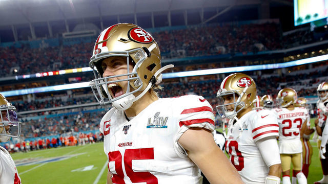 MIAMI, FLORIDA - FEBRUARY 2: George Kittle #85 of the San Francisco 49ers stands on the sideline before the game against the Kansas City Chiefs in Super Bowl LIV at Hard Rock Stadium on February 2, 2020 in Miami, Florida. The Chiefs defeated the 49ers 31-20.