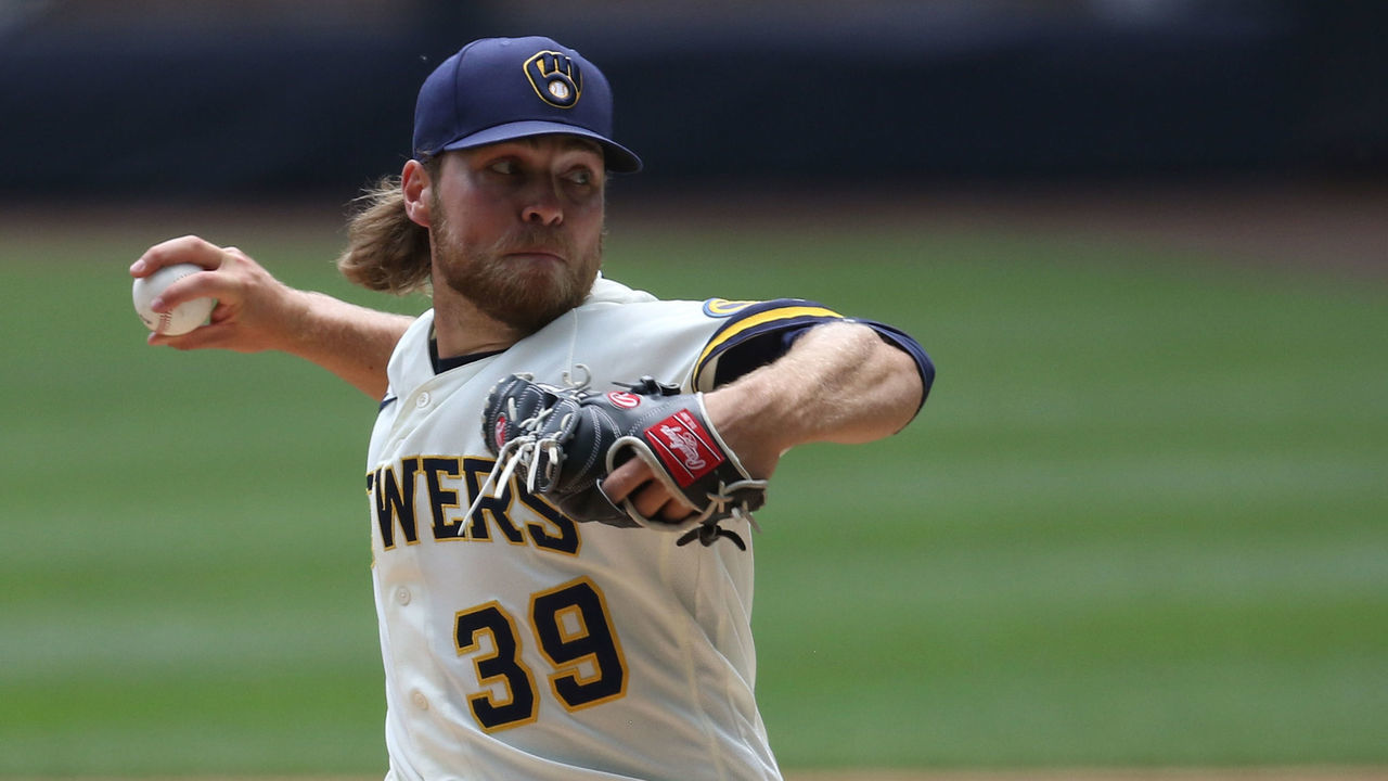 MILWAUKEE, WI - JULY 11: Milwaukee Brewers relief pitcher Corbin Burnes (39) throws during Milwaukee Brewers Summer Camp at Miller Park, on July 11, 2020 in Milwaukee, WI.