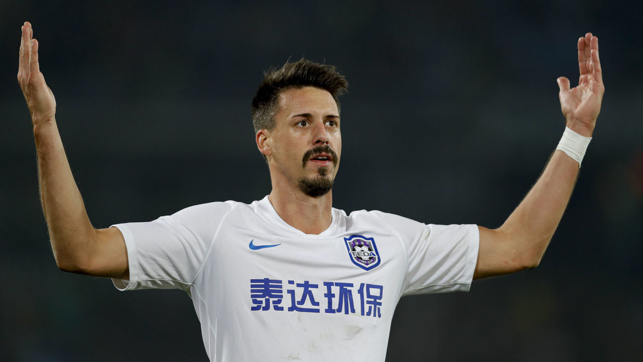 BEIJING, CHINA - OCTOBER 26: Sandro Wagner #9 of Tianjin Teda celebrates after scoring his team's goal during 2019 China Super League - Beijing Guoan v Tianjin Teda at Beijing Workers Stadium on October 26, 2019 in Beijing, China.