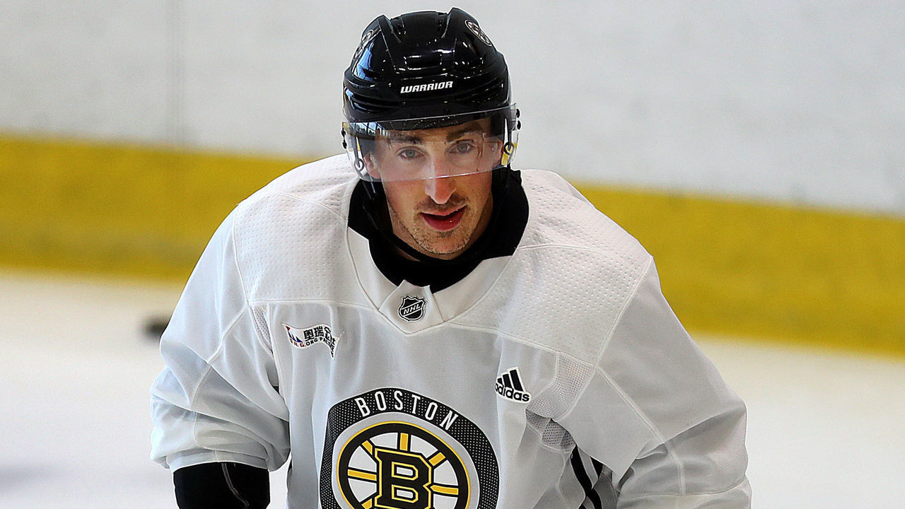 BOSTON - JULY 16: Brad Marchand participates in a drill during Boston Bruins summer training camp at Warrior Ice Arena in Boston on July 16, 2020.