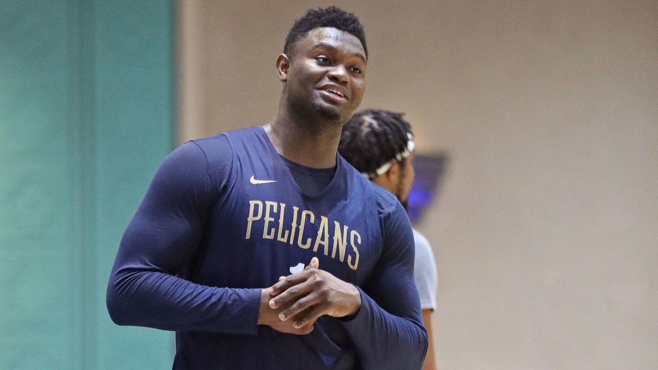 ORLANDO, FL - JULY 14: Zion Williamson #1 of the New Orleans Pelicans smiles during practice as part of the NBA Restart 2020 on July 14, 2020 in Orlando, Florida. NOTE TO USER: User expressly acknowledges and agrees that, by downloading and/or using this photograph, user is consenting to the terms and conditions of the Getty Images License Agreement. Mandatory Copyright Notice: Copyright 2020 NBAE