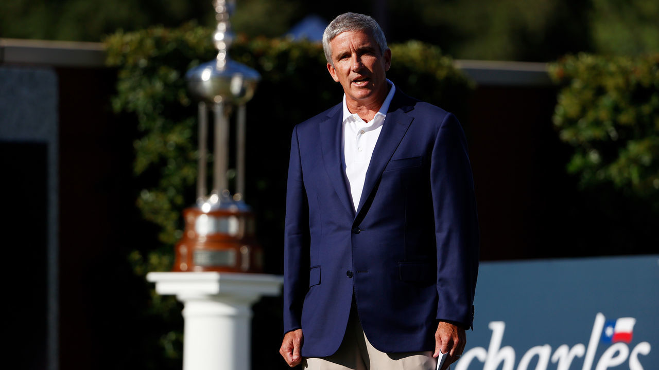 FORT WORTH, TEXAS - JUNE 11: PGA Tour Commissioner Jay Monahan leads a moment of silence in place of the 8:46 tee time to honor George Floyd during the first round of the Charles Schwab Challenge on June 11, 2020 at Colonial Country Club in Fort Worth, Texas.