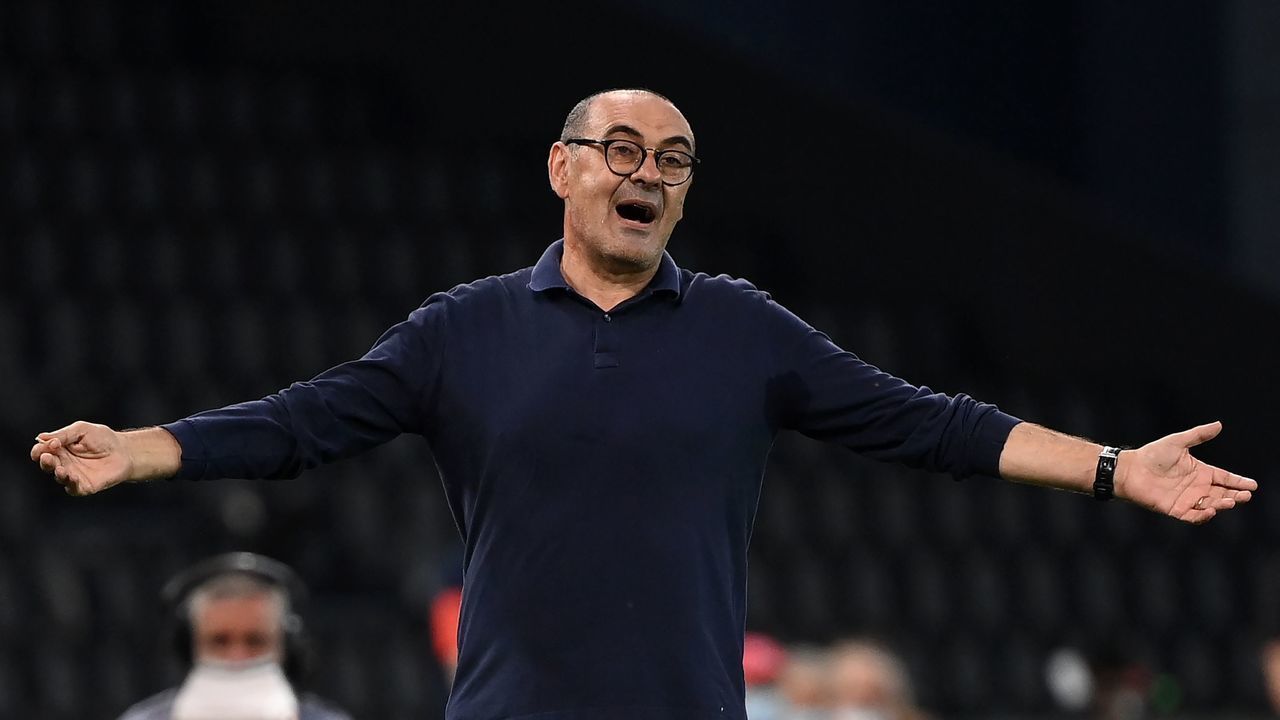Juventus' Italian coach Maurizio Sarri reacts during the Italian Serie A football match between Udinese and Juventus on July 23, 2020, at the Dacia Arena Stadium in Udine.