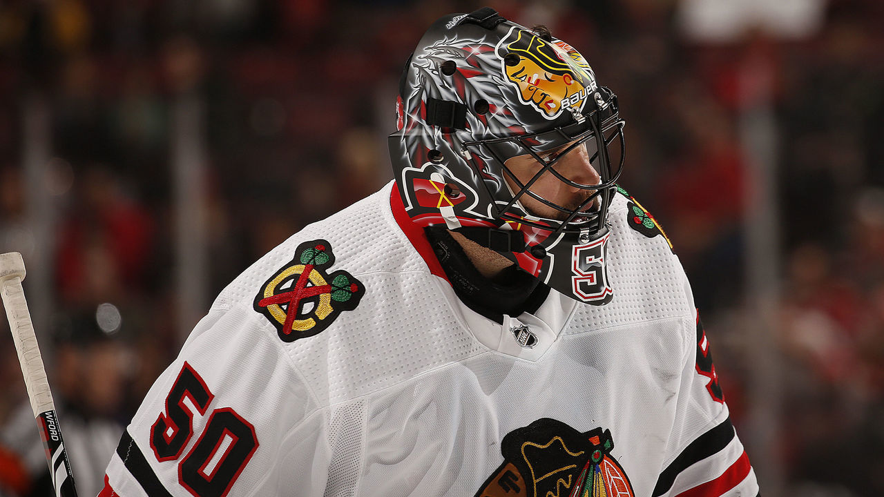 SUNRISE, FL - FEBRUARY 29: Goaltender Corey Crawford #50 of the Chicago Blackhawks skates on the ice during a break in the action against the Florida Panthers at the BB&T Center on February 29, 2020 in Sunrise, Florida.