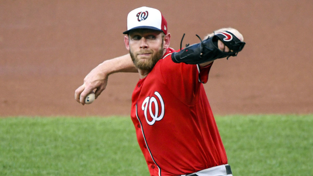 BALTIMORE, MD - JULY 20: Washington Nationals starting pitcher Stephen Strasburg (37) pitches in the second inning against the Baltimore Orioles during a Summer Camp game on July 20, 2020, at Orioles Park at Camden Yards, in Baltimore, MD.