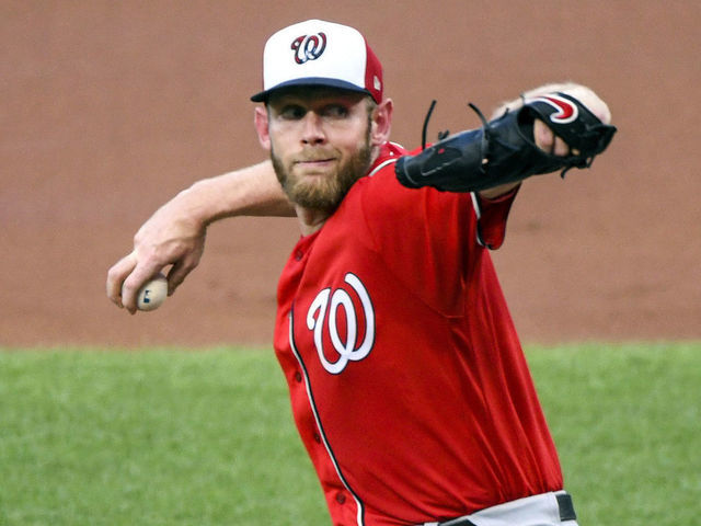 BALTIMORE, MD - JULY 20: Washington Nationals starting pitcher Stephen Strasburg (37) pitches in the second inning against the Baltimore Orioles during a Summer Camp game on July 20, 2020, at Orioles Park at Camden Yards, in Baltimore, MD.