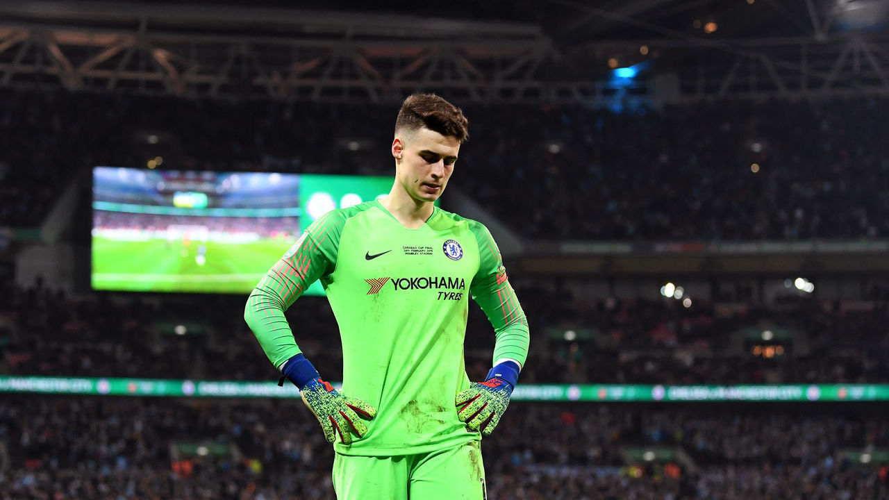LONDON, ENGLAND - FEBRUARY 24: Kepa Arrizabalaga of Chelsea looks dejected following the Carabao Cup Final between Chelsea and Manchester City at Wembley Stadium on February 24, 2019 in London, England.