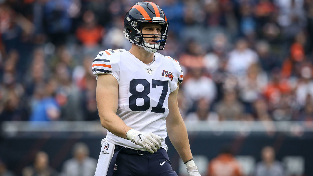 CHICAGO, ILLINOIS - SEPTEMBER 29: Adam Shaheen #87 of the Chicago Bears walks across the field before the game against the Minnesota Vikings at Soldier Field on September 29, 2019 in Chicago, Illinois.