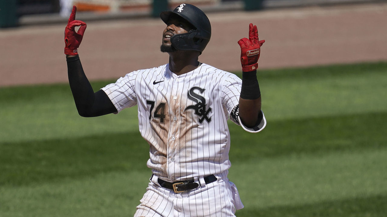 CHICAGO, IL - JULY 25: Chicago White Sox left fielder Eloy Jimenez (74) celebrates his homerun in the fifth inning against the Minnesota Twins at Guaranteed Rate Field on July 25, 2020 in Chicago, IL.