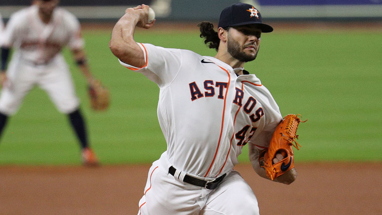 HOUSTON, TEXAS - JULY 25: Lance McCullers Jr. #43 of the Houston Astros pitches in the first inning against the Seattle Mariners at Minute Maid Park on July 25, 2020 in Houston, Texas. The 2020 season had been postponed since March due to the COVID-19 pandemic.