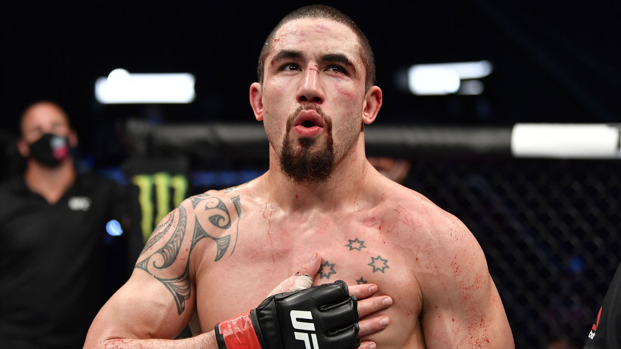 ABU DHABI, UNITED ARAB EMIRATES - JULY 26: Robert Whittaker of New Zealand reacts after the conclusion of his middleweight fight against Darren Till of England during the UFC Fight Night event inside Flash Forum on UFC Fight Island on July 26, 2020 in Yas Island, Abu Dhabi, United Arab Emirates.