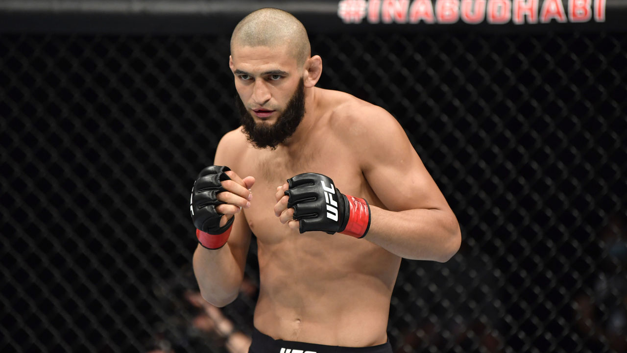 ABU DHABI, UNITED ARAB EMIRATES - JULY 26: Khamzat Chimaev of Czechia prepares to fight Rhys McKee of Northern Ireland in their welterweight fight during the UFC Fight Night event inside Flash Forum on UFC Fight Island on July 26, 2020 in Yas Island, Abu Dhabi, United Arab Emirates.