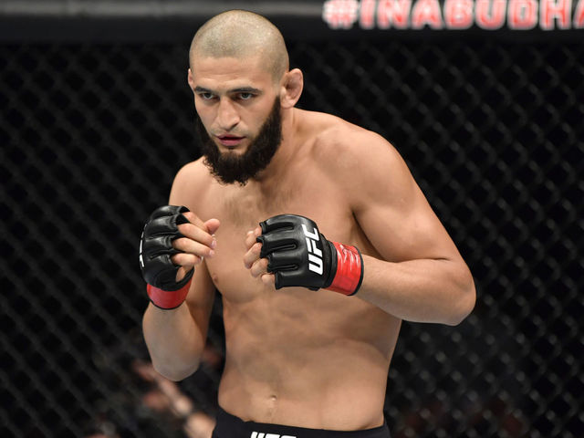 ABU DHABI, UNITED ARAB EMIRATES - JULY 26: Khamzat Chimaev of Czechia prepares to fight Rhys McKee of Northern Ireland in their welterweight fight during the UFC Fight Night event inside Flash Forum on UFC Fight Island on July 26, 2020 in Yas Island, Abu Dhabi, United Arab Emirates.