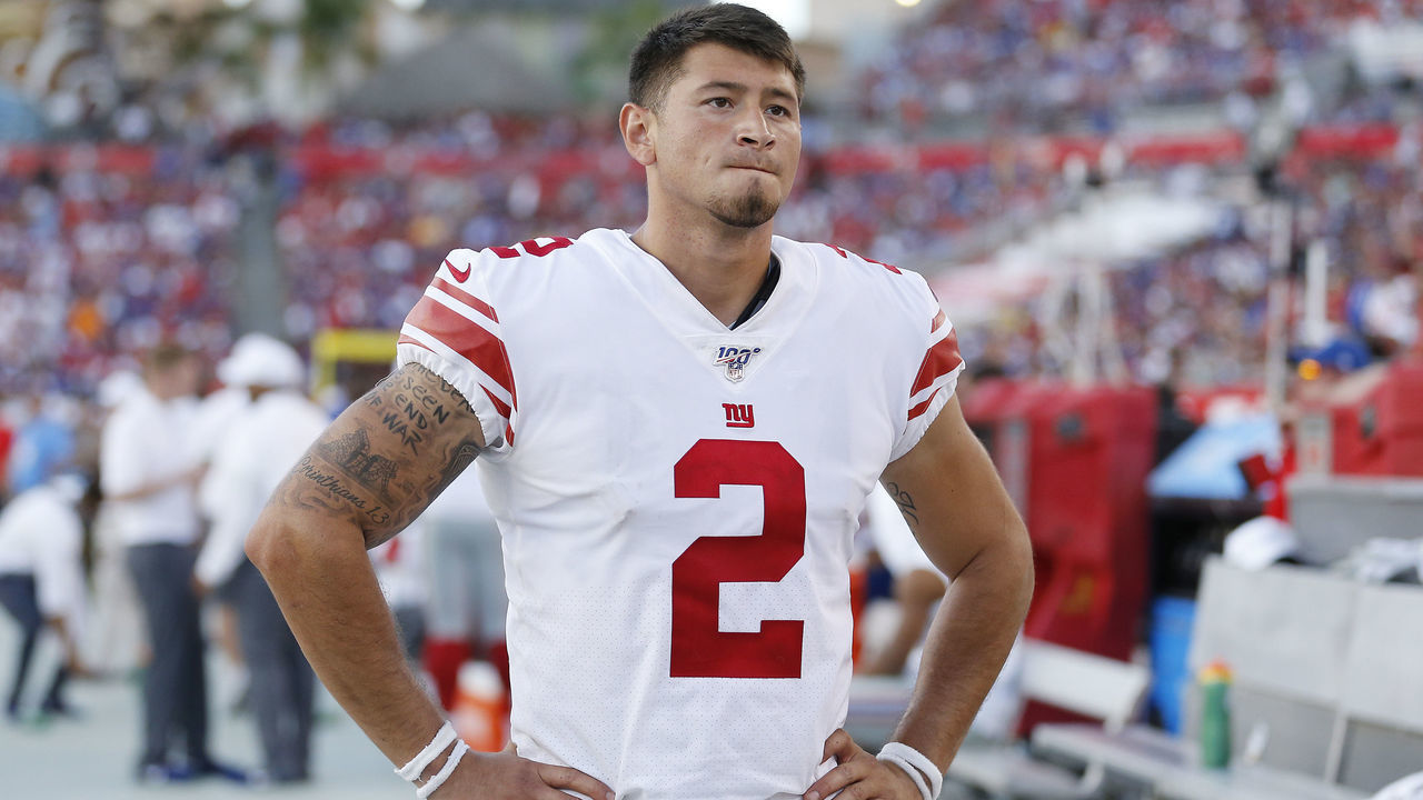 TAMPA, FLORIDA - SEPTEMBER 22: Aldrick Rosas #2 of the New York Giants looks on against the Tampa Bay Buccaneers during the fourth quarter at Raymond James Stadium on September 22, 2019 in Tampa, Florida.