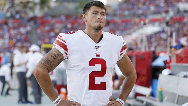 TAMPA, FLORIDA - SEPTEMBER 22: Aldrick Rosas #2 of the New York Giants looks on against the Tampa Bay Buccaneers during the fourth quarter at Raymond James Stadium on September 22, 2019 in Tampa, Florida.