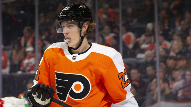 PHILADELPHIA, PA - NOVEMBER 25: Oskar Lindblom #23 of the Philadelphia Flyers looks on against the Vancouver Canucks at the Wells Fargo Center on November 25, 2019 in Philadelphia, Pennsylvania.