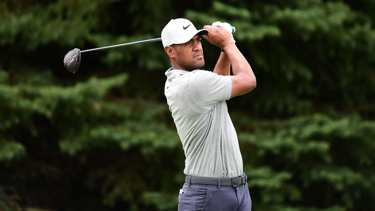 BLAINE, MINNESOTA - JULY 26: Tony Finau of the United States plays his shot from the second tee during the final round of the 3M Open on July 26, 2020 at TPC Twin Cities in Blaine, Minnesota.