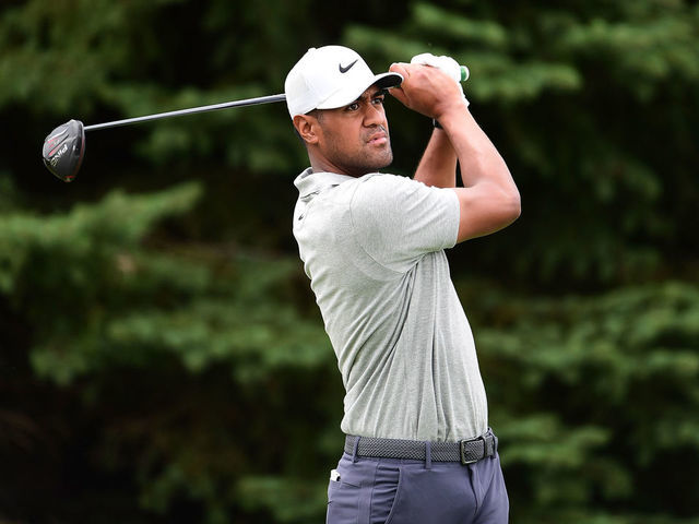 BLAINE, MINNESOTA - JULY 26: Tony Finau of the United States plays his shot from the second tee during the final round of the 3M Open on July 26, 2020 at TPC Twin Cities in Blaine, Minnesota.