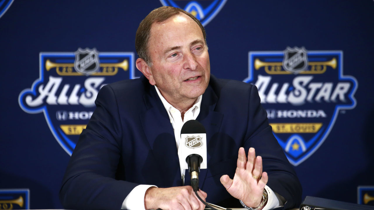 ST LOUIS, MISSOURI - JANUARY 24: NHL Commissioner Gary Bettman speaks to the media prior to the start of the 2020 NHL All-Star Skills competition at Enterprise Center on January 24, 2020 in St Louis, Missouri.