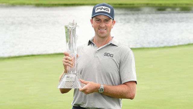 BLAINE, MINNESOTA - JULY 26: Michael Thompson of the United States poses with the trophy after winning the 3M Open on July 26, 2020 at TPC Twin Cities in Blaine, Minnesota.