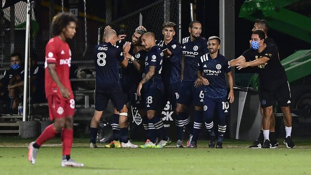 REUNION, FLORIDA - JULY 26: Valentin Castellanos #11 of New York City and temmates celebrate their second goal during a round of sixteen match of the MLS Is Back Tournament against the Toronto FC at ESPN Wide World of Sports Complex on July 26, 2020 in Reunion, Florida.