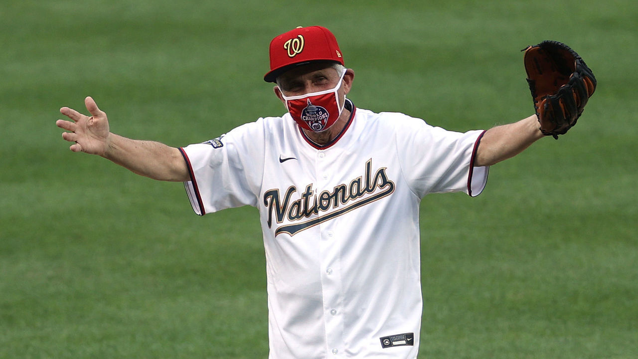 WASHINGTON, DC - JULY 23: Dr. Anthony Fauci, director of the National Institute of Allergy and Infectious Diseases reacts after throwing out the ceremonial first pitch prior to the game between the New York Yankees and the Washington Nationals at Nationals Park on July 23, 2020 in Washington, DC.