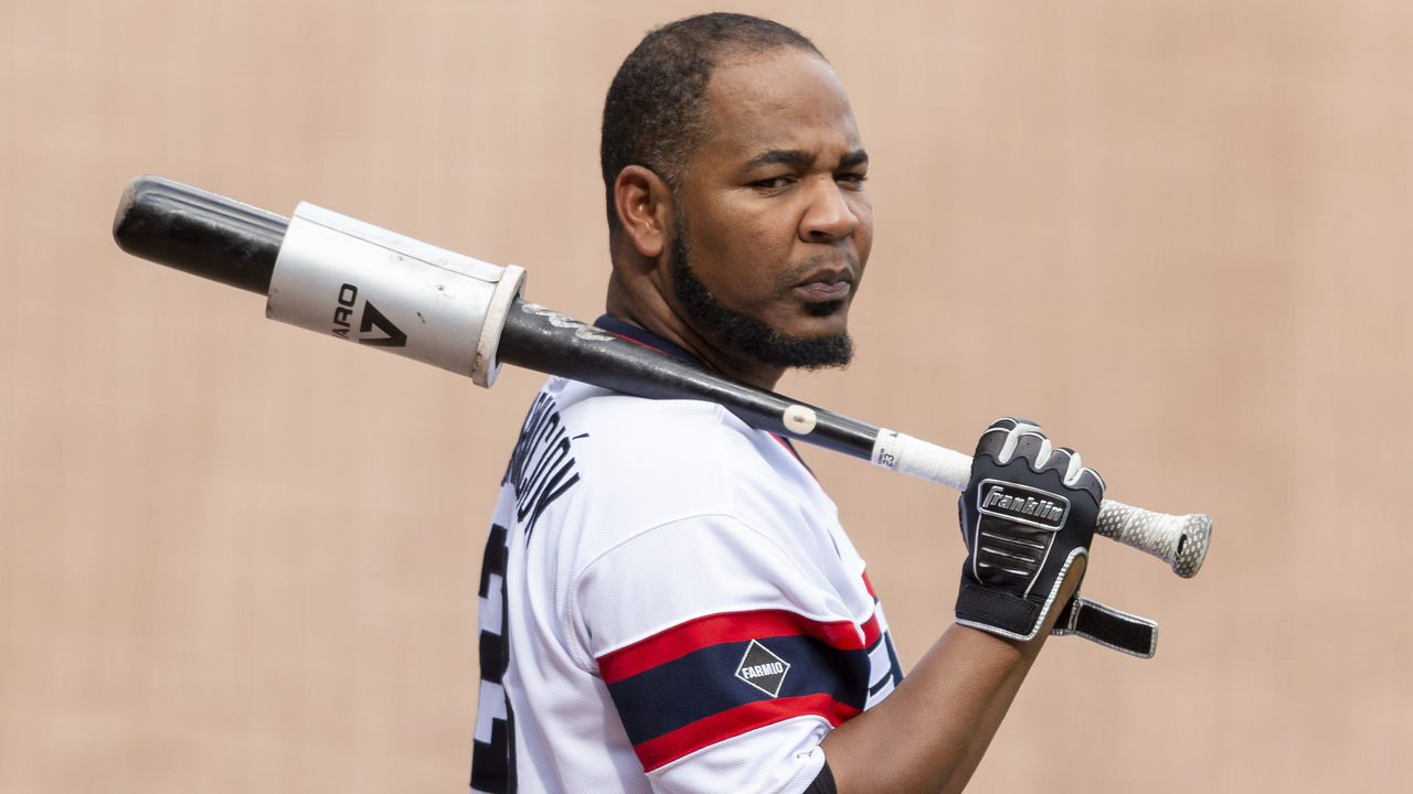 CHICAGO - JULY 26: Edwin Encarnacion #23 of the Chicago White Sox looks on against the Minnesota Twins on July 26, 2020 at Guaranteed Rate Field in Chicago, Illinois.