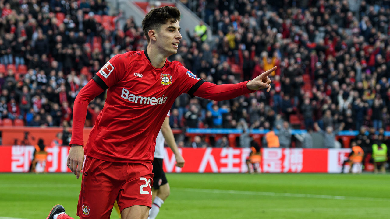 LEVERKUSEN, GERMANY - MARCH 07: Kai Havertz of Leverkusen celebrates his teams first goal during the Bundesliga match between Bayer 04 Leverkusen and Eintracht Frankfurt at BayArena on March 7, 2020 in Leverkusen, Germany.