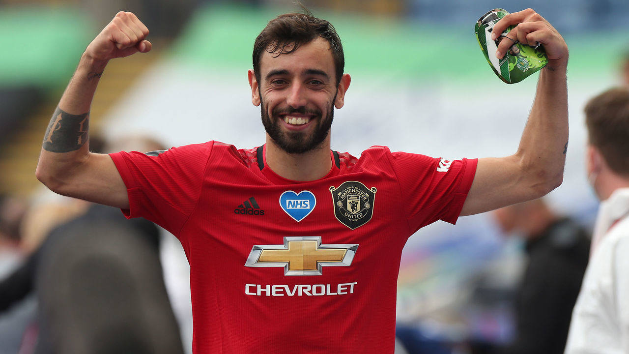 LEICESTER, ENGLAND - JULY 26: Bruno Fernandes of Manchester United celebrates after the Premier League match between Leicester City and Manchester United at The King Power Stadium on July 26, 2020 in Leicester, England.