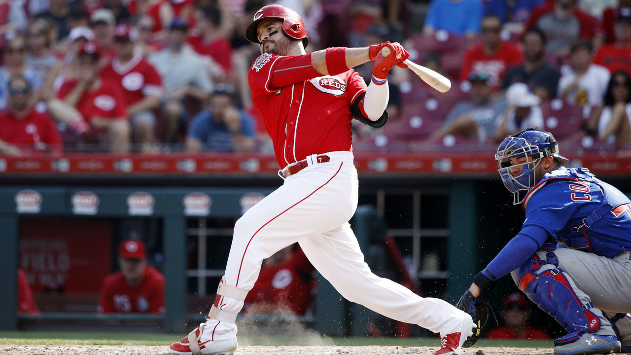 CINCINNATI, OH - JUNE 29: Eugenio Suarez #7 of the Cincinnati Reds bats during a game against the Chicago Cubs at Great American Ball Park on June 29, 2019 in Cincinnati, Ohio. The Cubs won 6-0.