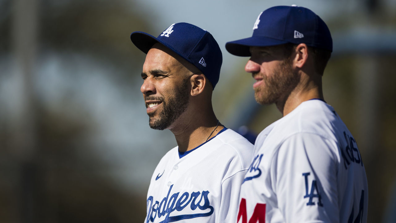GLENDALE, AZ - FEBRUARY 20: David Price #33 and Zach McAllister #44 of the Los Angeles Dodgers look on during a workout after Photo Day on Thursday, February 20, 2020 at Camelback Ranch in Glendale, Arizona.