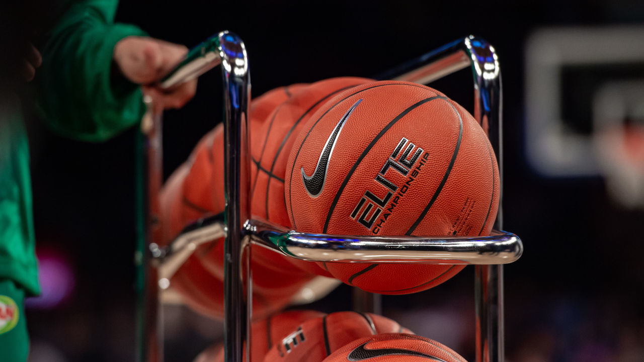 NEW YORK, NY - MARCH 11: General view of game basketballs during the second half of the Big East tournament first round game between the DePaul Blue Demons and Xavier Musketeers on March 11, 2020 at Madison Square Garden in New York, NY