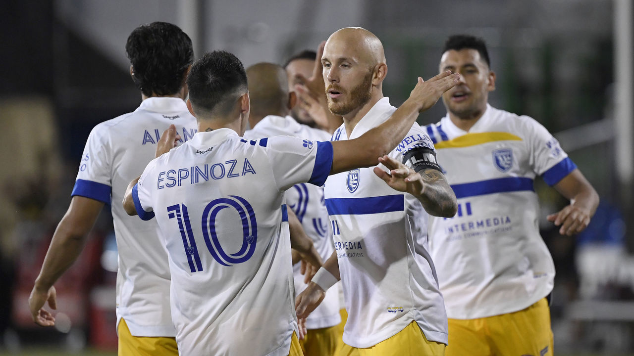 REUNION, FLORIDA - JULY 27: Magnus Eriksson #7 of San Jose Earthquakes celebrates with teammates after scoring the second goal of his team during a round of 16 match of the MLS Is Back Tournament between San Jose Earthquakes and Real Salt Lake at ESPN Wide World of Sports Complex on July 27, 2020 in Reunion, Florida.