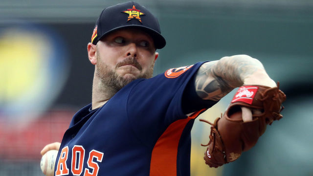 KANSAS CITY, MISSOURI - JULY 21: Starting pitcher Ryan Pressly #55 of the Houston Astros pitches during an exhibition game against the Kansas City Royals at Kauffman Stadium on July 21, 2020 in Kansas City, Missouri.