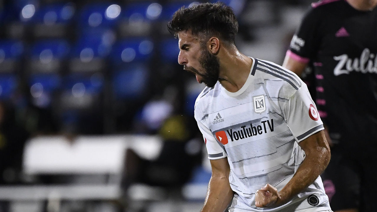 REUNION, FLORIDA - JULY 27: Diego Rossi #9 of Los Angeles FC celebrates after scoring the opening goal of the match from the penalty spot during a round of 16 match of the MLS is Back Tournament between Seattle Sounders and Los Angeles FC at ESPN Wide World of Sports Complex on July 27, 2020 in Reunion, Florida.