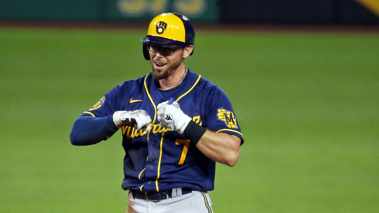 PITTSBURGH, PA - JULY 27: Eric Sogard #7 of the Milwaukee Brewers reacts after hitting an RBI double in the eleventh inning against the Pittsburgh Pirates during Opening Day at PNC Park on July 27, 2020 in Pittsburgh, Pennsylvania.