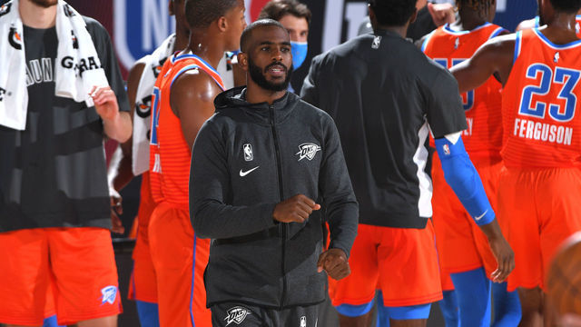 ORLANDO, FL - JULY 24: Chris Paul #3 of the Oklahoma City Thunder looks on during the game on July 24, 2020 at Visa Athletic Center at ESPN Wide World of Sports Complex in Orlando, Florida. Mandatory Copyright Notice: Copyright 2020 NBAE