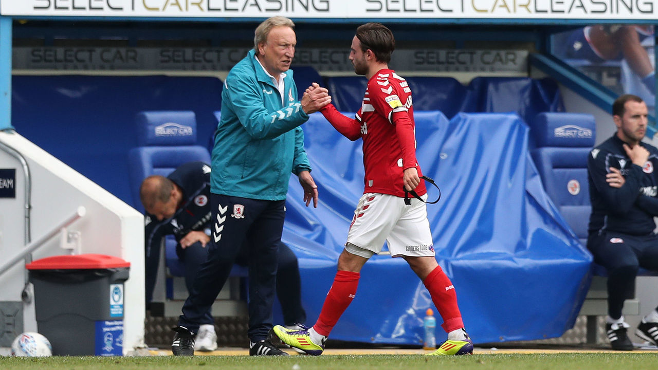 READING, ENGLAND - JULY 14: Patrick Roberts of Middlesbrough is is substituted by manager Neil Warnock during the Sky Bet Championship match between Reading and Middlesbrough at Madejski Stadium on July 14, 2020 in Reading, England. Football Stadiums around Europe remain empty due to the Coronavirus Pandemic as Government social distancing laws prohibit fans inside venues resulting in all fixtures being played behind closed doors.