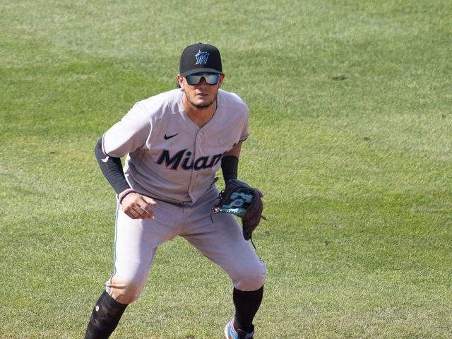 PHILADELPHIA, PA - JULY 26: Miguel Rojas #19 of the Miami Marlins in action against the Philadelphia Phillies at Citizens Bank Park on July 26, 2020 in Philadelphia, Pennsylvania. The 2020 season had been postponed since March due to the COVID-19 pandemic. The Marlins defeated the Phillies 11-6.