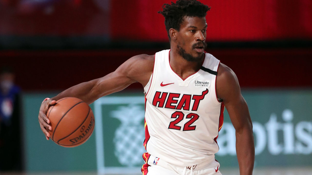 Orlando, FL - JULY 28: Jimmy Butler #22 of the Miami Heat handles the ball during the game against the Memphis Grizzlies during a scrimmage on July 28, 2020 at The Visa Athletic Center at ESPN Wide World Of Sports Complex in Reunion, Florida. NOTE TO USER: User expressly acknowledges and agrees that, by downloading and/or using this Photograph, user is consenting to the terms and conditions of the Getty Images License Agreement. Mandatory Copyright Notice: Copyright 2020 NBAE