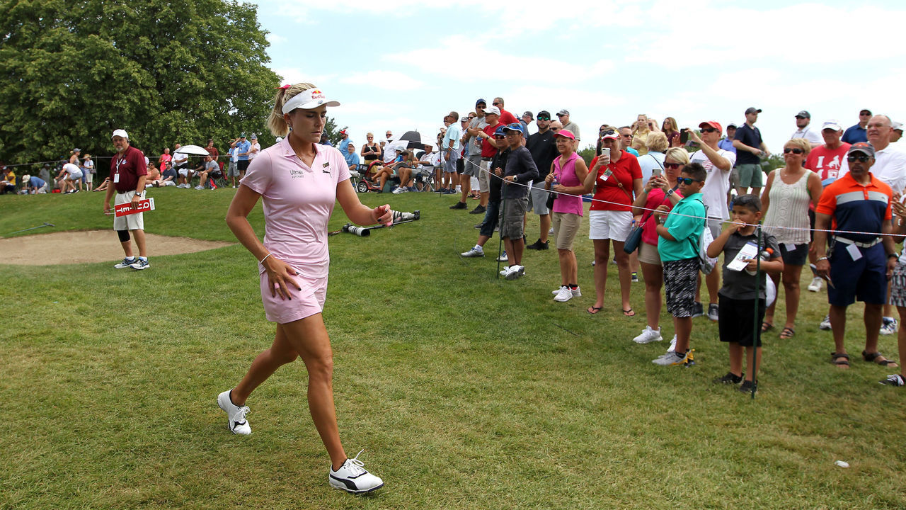 Lexi Thompson heads to the 10th hole during the third round of the Marathon LPGA Classic presented by Dana golf tournament at Highland Meadows Golf Club in Sylvania, Ohio USA, on Saturday, July 13, 2019.