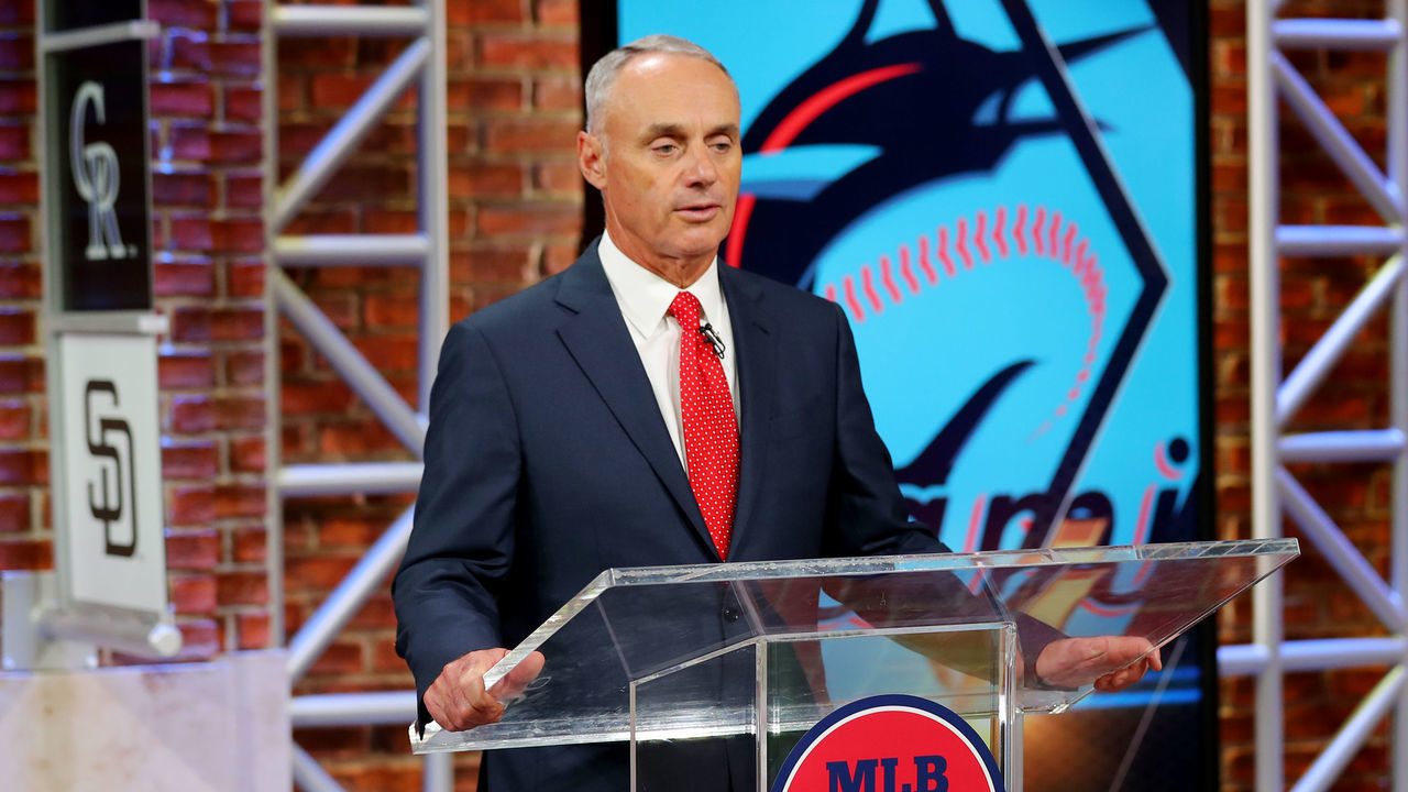 SECAUCUS, NJ - JUNE 10: Major League Baseball Commissioner Robert D. Manfred Jr. announces the third pick in the 2020 MLB Draft is Max Meyer by the Miami Marlins during the 2020 Major League Baseball Draft at MLB Network on Wednesday, June 10, 2020 in Secaucus, New Jersey.
