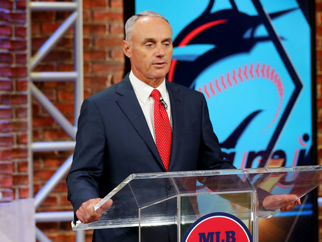 SECAUCUS, NJ - JUNE 10: Major League Baseball Commissioner Robert D. Manfred Jr. announces the third pick in the 2020 MLB Draft is Max Meyer by the Miami Marlins during the 2020 Major League Baseball Draft at MLB Network on Wednesday, June 10, 2020 in Secaucus, New Jersey.