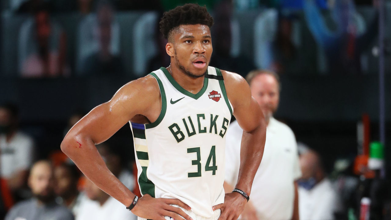 Orlando, FL - JULY 27: Giannis Antetokounmpo #34 of the Milwaukee Bucks handles the ball against the New Orleans Pelicans during a scrimmage on July 27, 2020 at The Arena at ESPN Wide World of Sports in Orlando, Florida. NOTE TO USER: User expressly acknowledges and agrees that, by downloading and/or using this Photograph, user is consenting to the terms and conditions of the Getty Images License Agreement. Mandatory Copyright Notice: Copyright 2020 NBAE